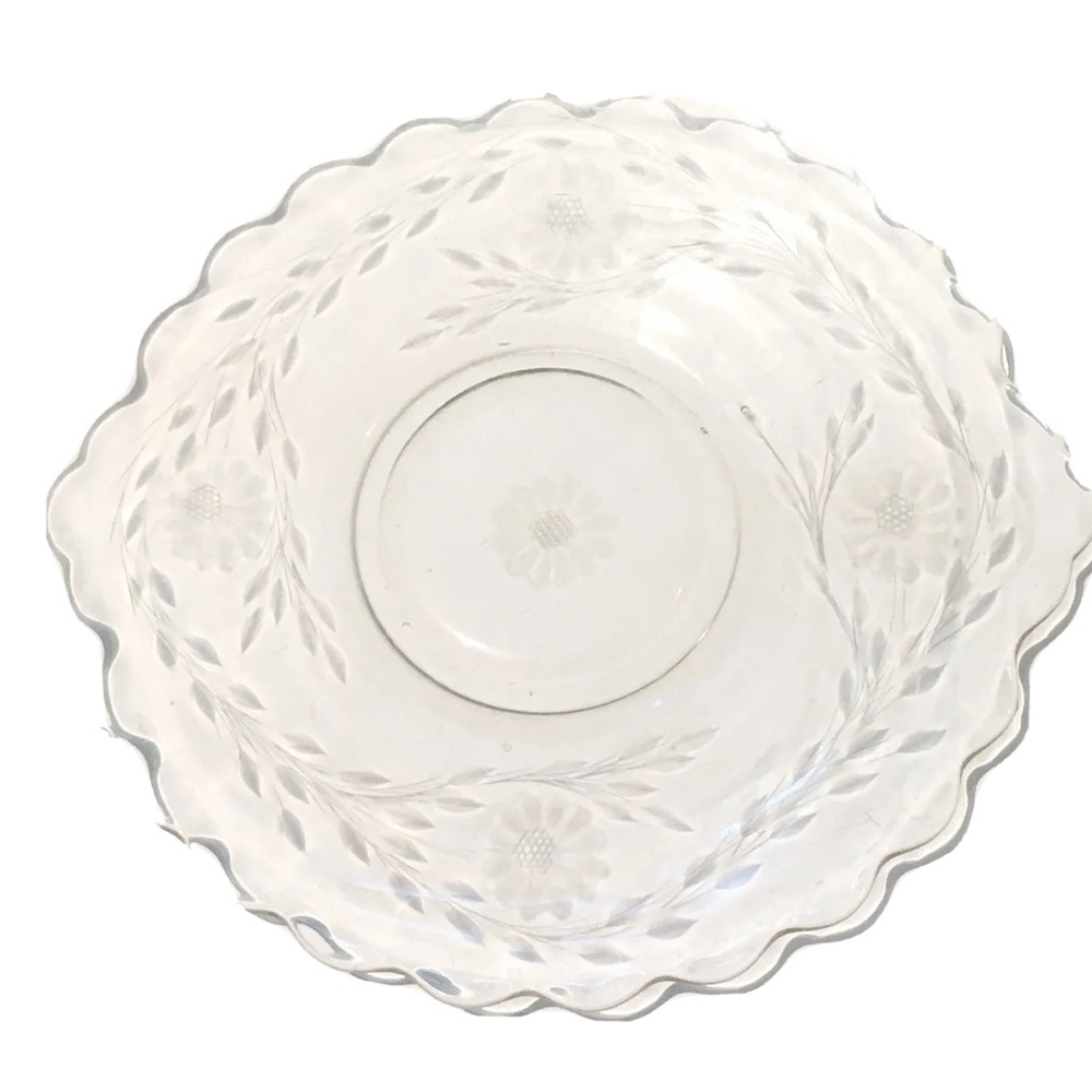 Vintage Clear Etched Glass Serving Plate Floral Design Scalloped Edge Oval Dish